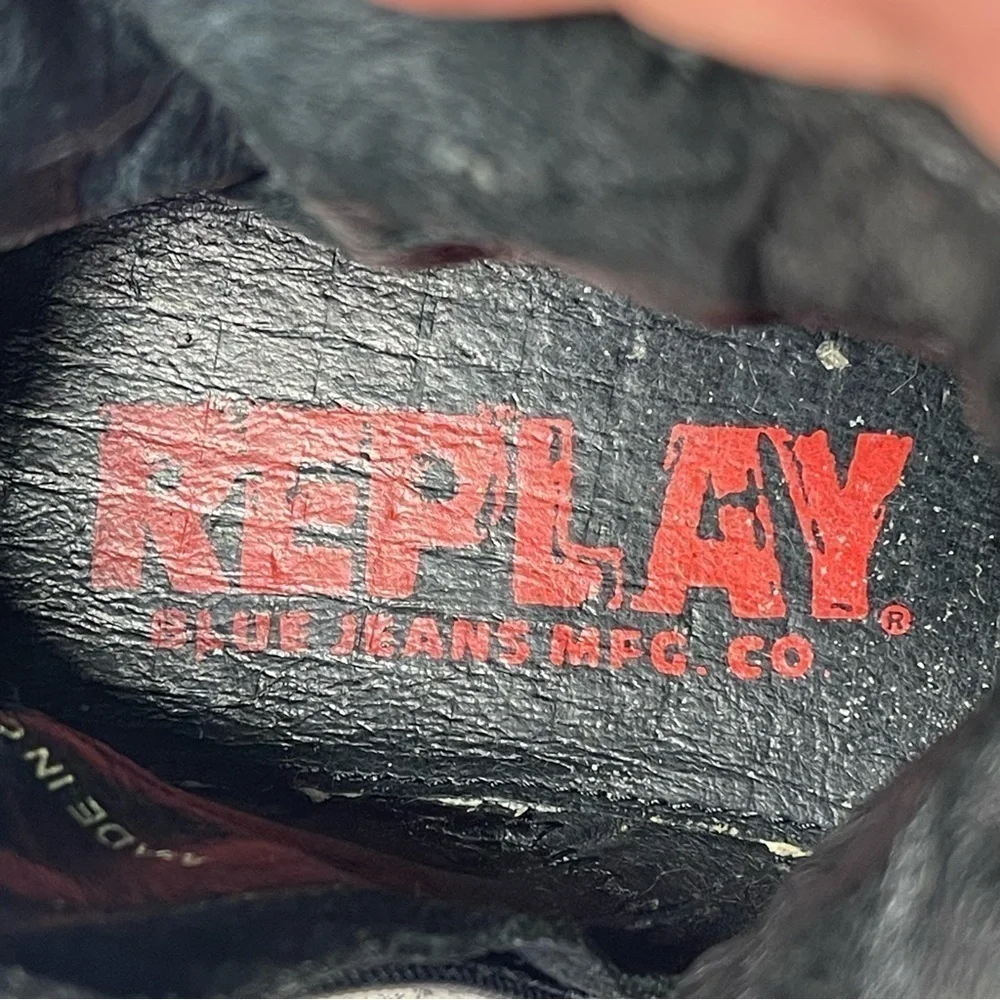 Replay Leather & Denim Deconstructed Biker Ankle Boots Zip Side Moto Boots